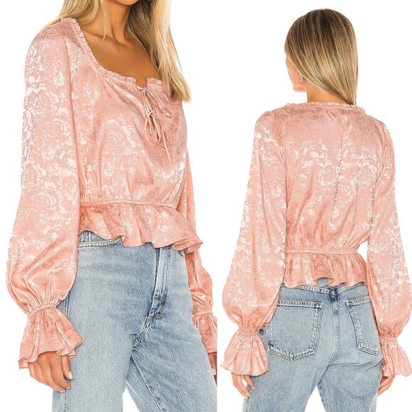 Divine Heritage Pink Floral Jacquard Satin Long Sleeve Peasantcore Blouse - Picture 2 of 13